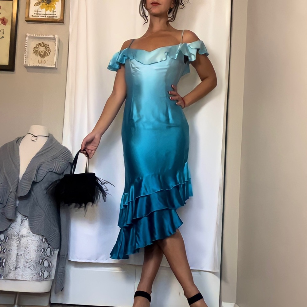 Liz Elana Ruffled Blue Silk 90's Cocktail Dress